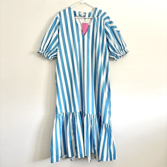 NEW Rhode Kara V-Neck Tiered Blue Striped Midi Dress Short Puff Sleeves Size XL - Picture 2 of 10